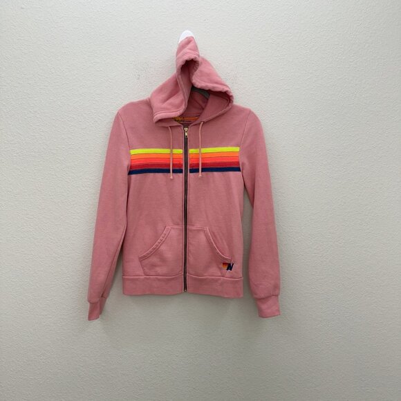 Aviator Nation 5 Stripe Pink Full Zip Hoodie Sweatshirt Womens size Small - Picture 1 of 5